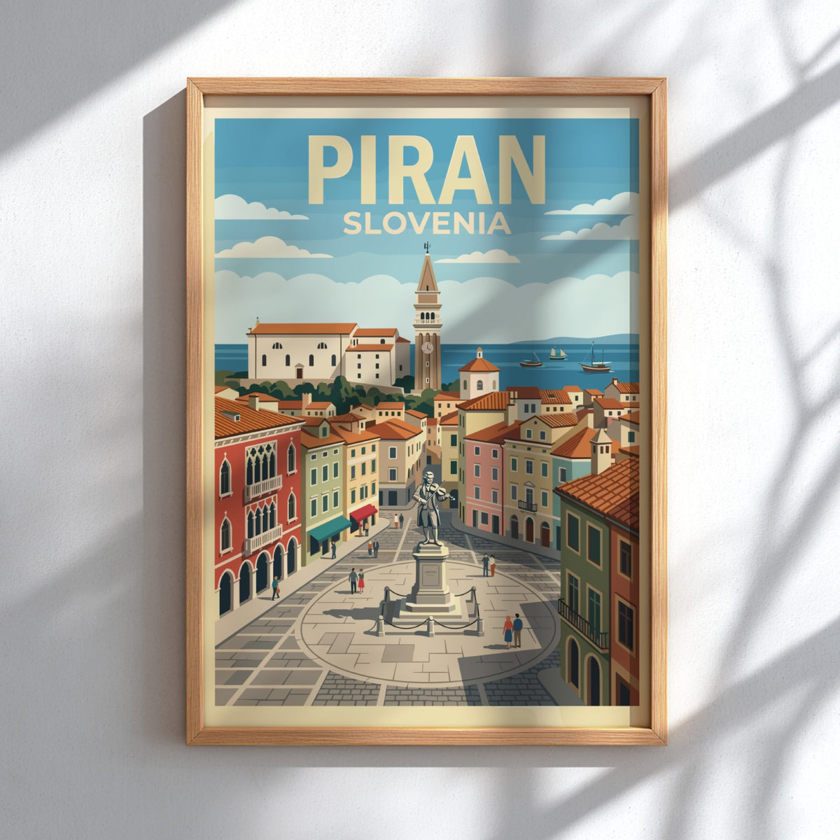 Poster of Piran Slovenia featuring an iconic bell tower and central town square statue