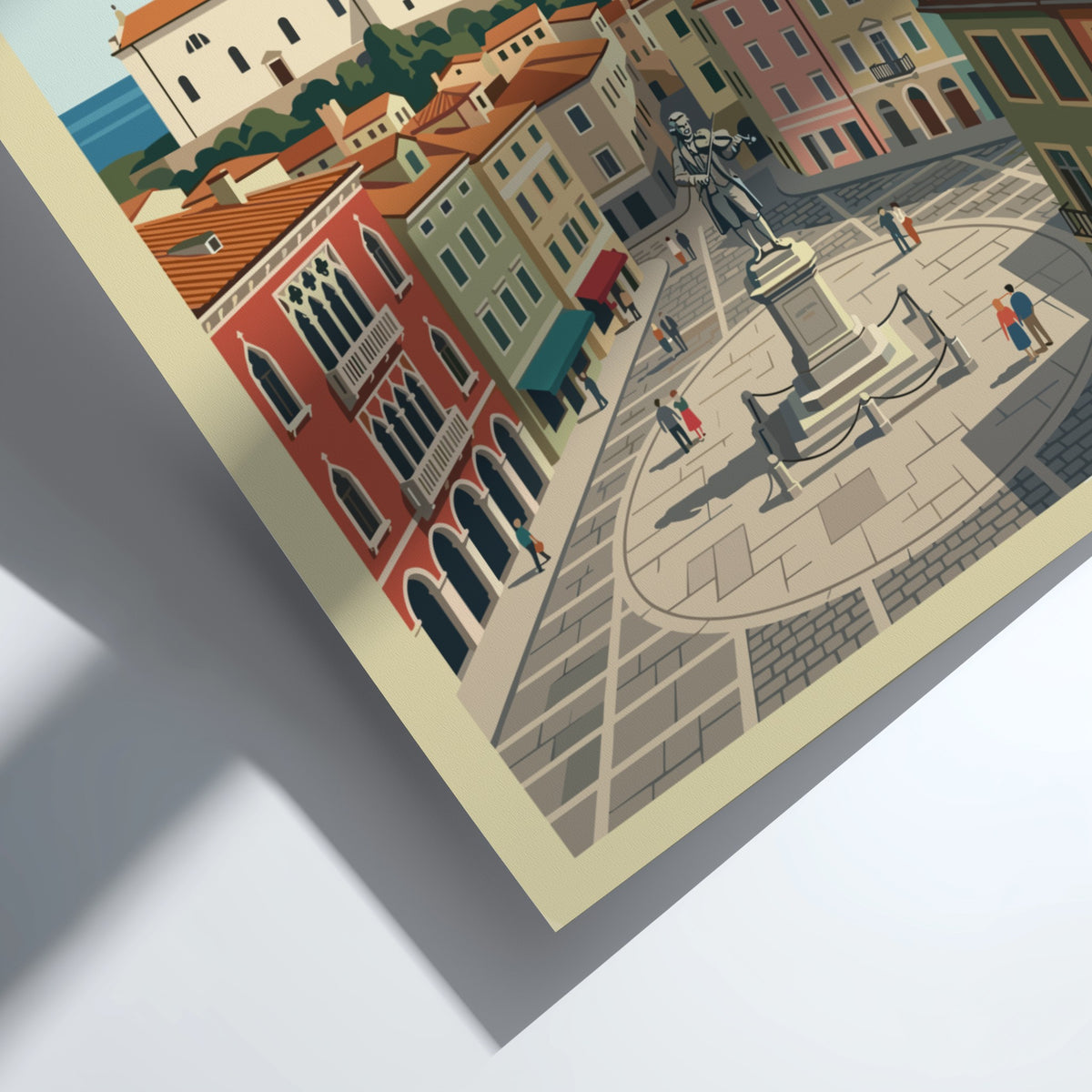 Poster of Piran Slovenia featuring an iconic bell tower and central town square statue