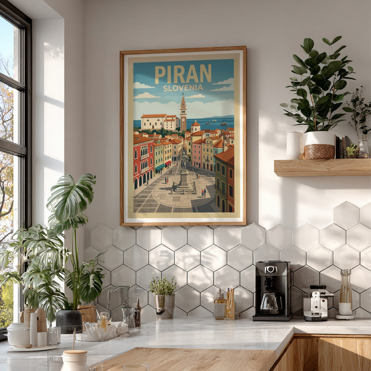 Poster of Piran Slovenia featuring an iconic bell tower and central town square statue