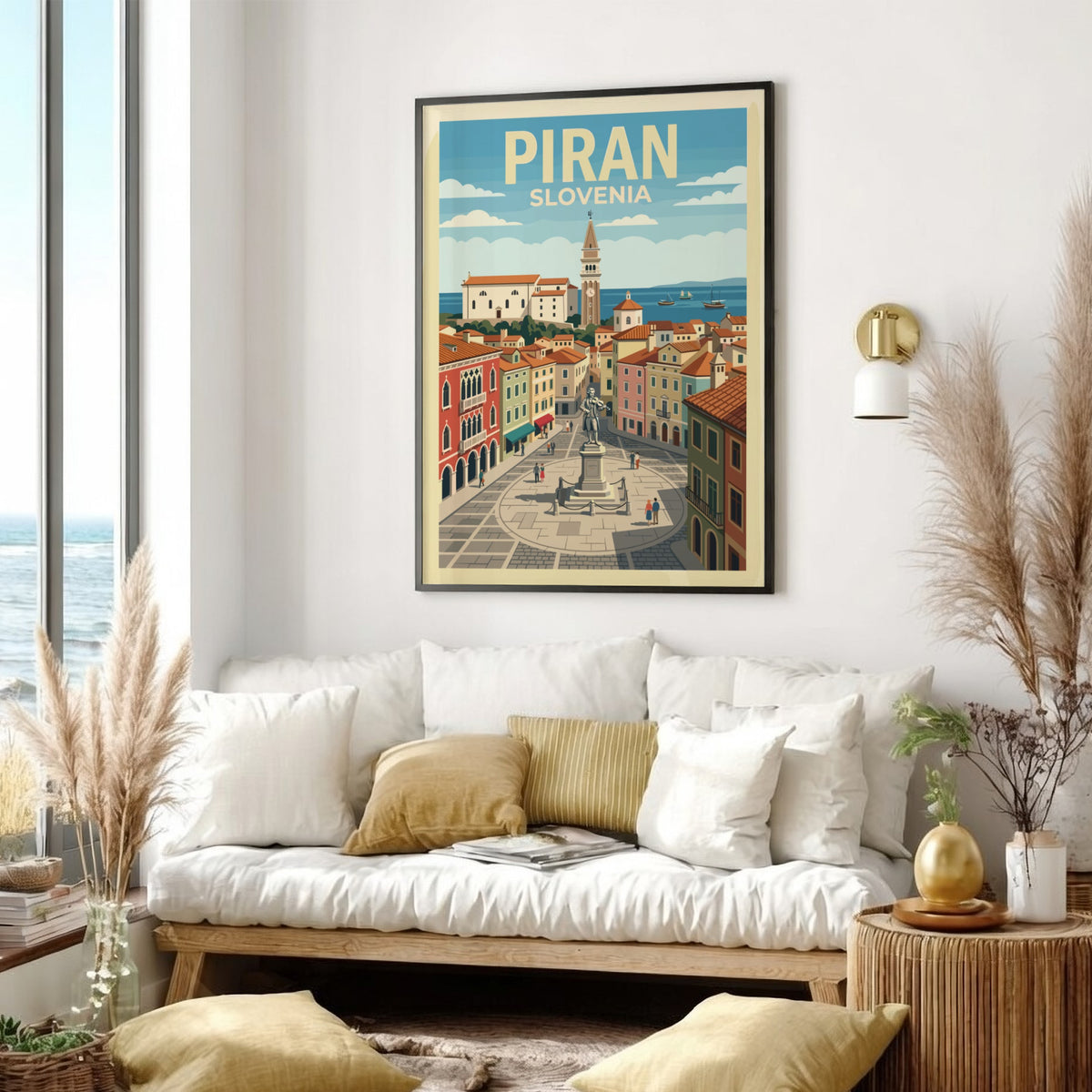Poster of Piran Slovenia featuring an iconic bell tower and central town square statue