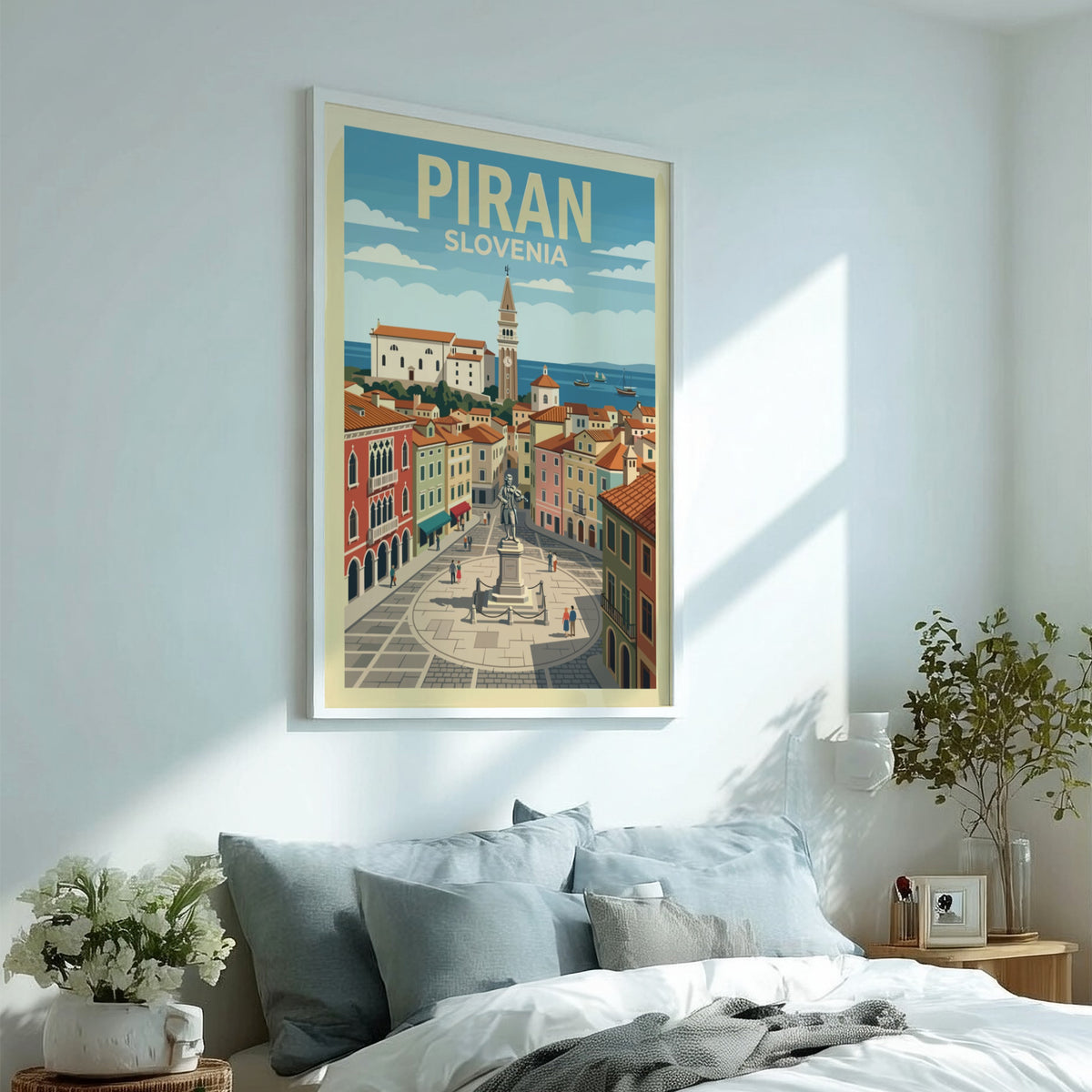 Poster of Piran Slovenia featuring an iconic bell tower and central town square statue