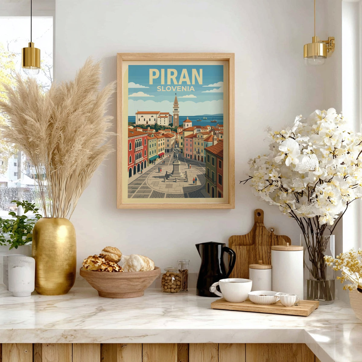 Poster of Piran Slovenia featuring an iconic bell tower and central town square statue
