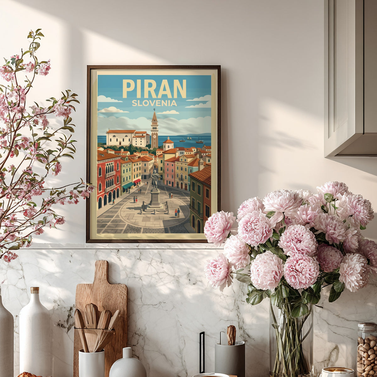 Poster of Piran Slovenia featuring an iconic bell tower and central town square statue