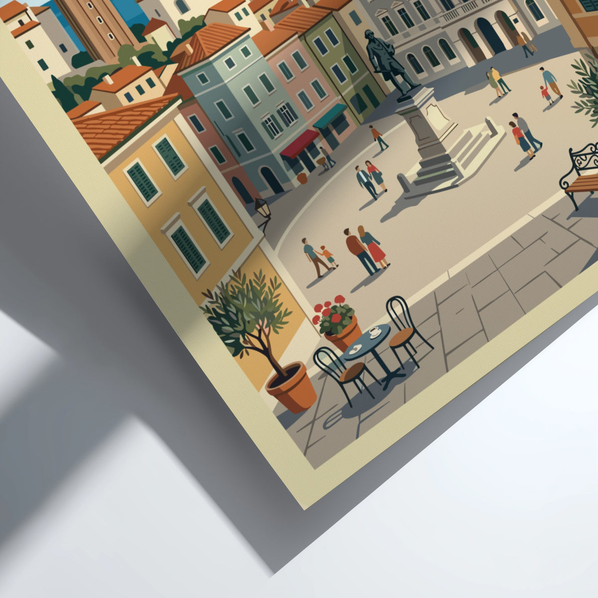 Poster of Piran Slovenia featuring a town square, historic bell tower, and sailboats.