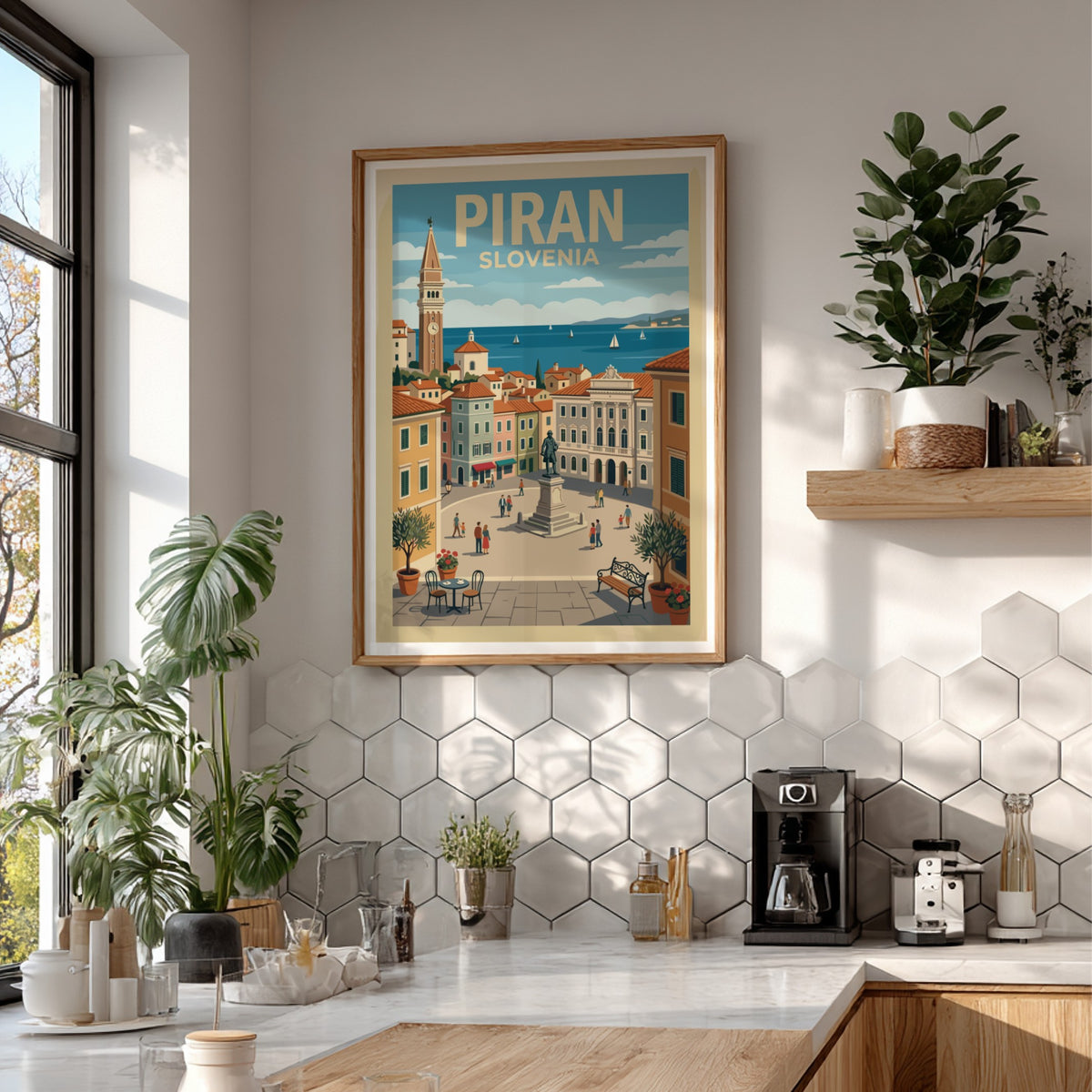 Poster of Piran Slovenia featuring a town square, historic bell tower, and sailboats.