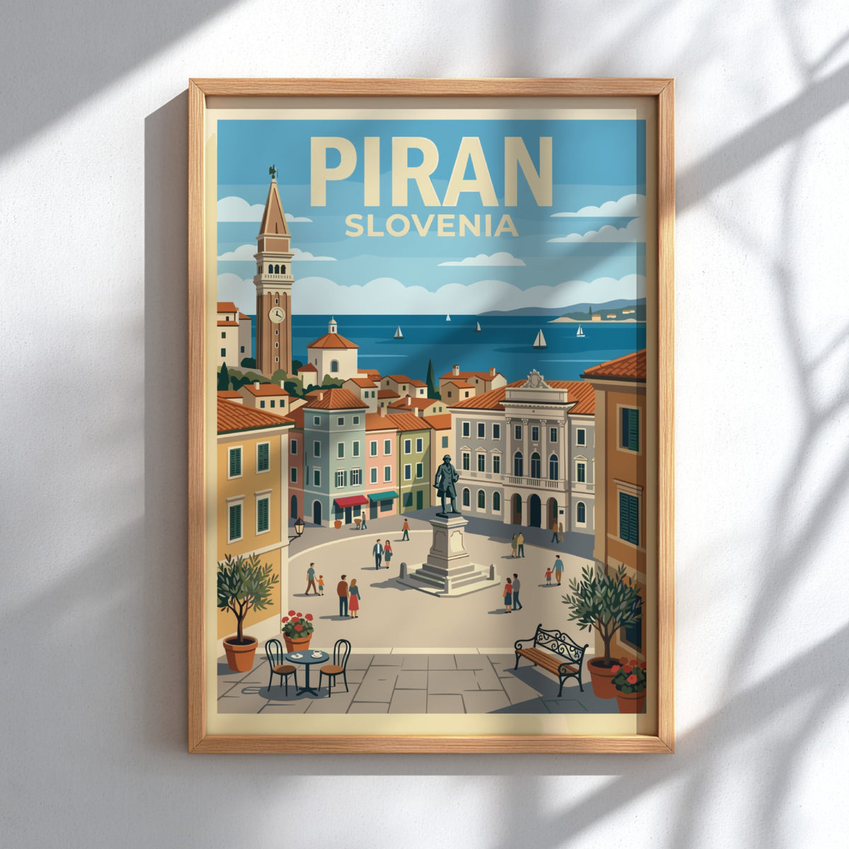 Poster of Piran Slovenia featuring a town square, historic bell tower, and sailboats.
