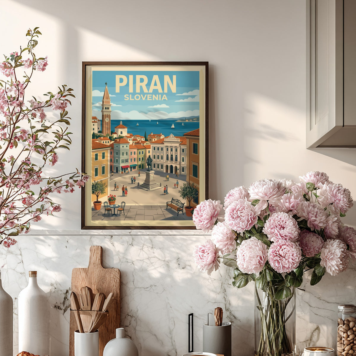 Poster of Piran Slovenia featuring a town square, historic bell tower, and sailboats.
