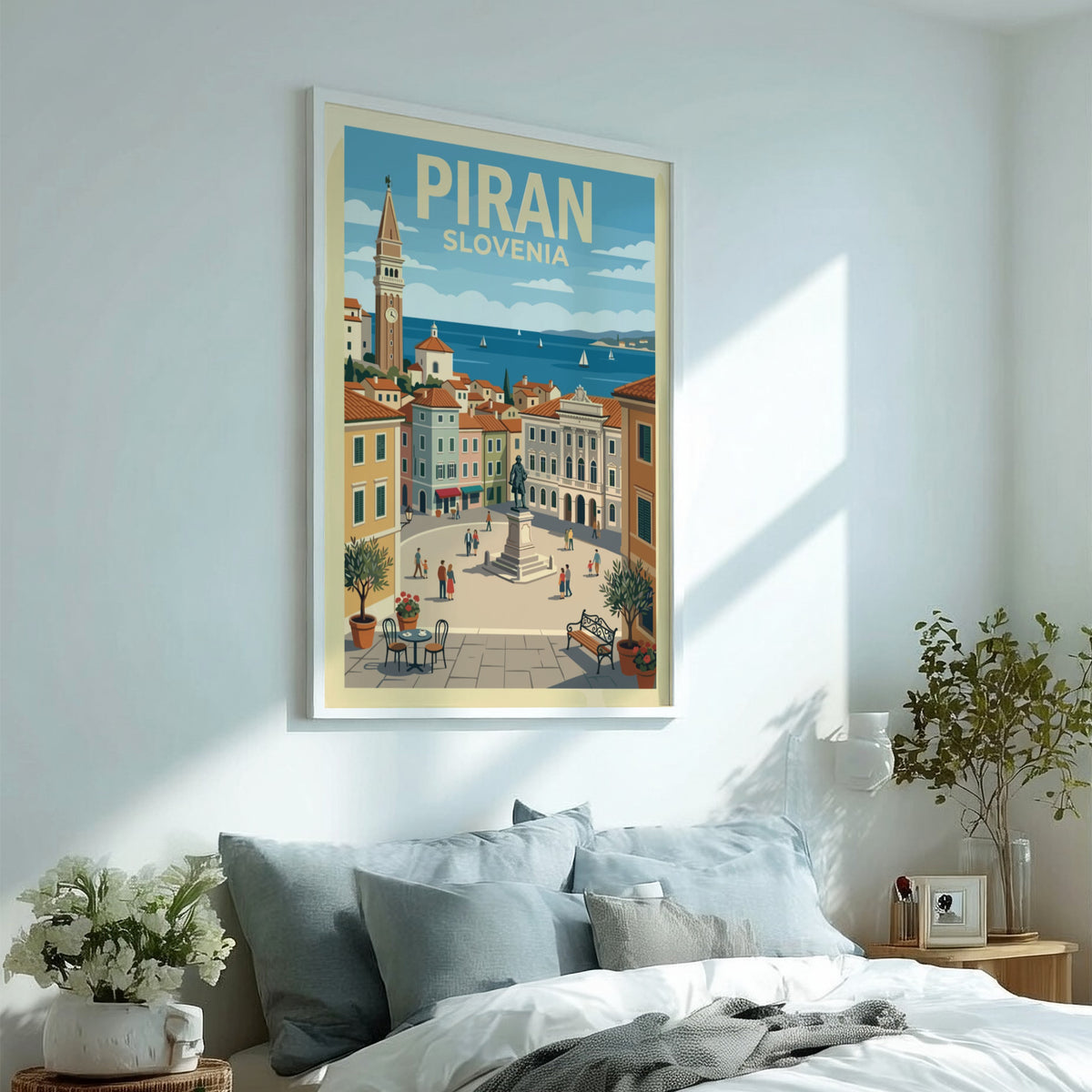 Poster of Piran Slovenia featuring a town square, historic bell tower, and sailboats.