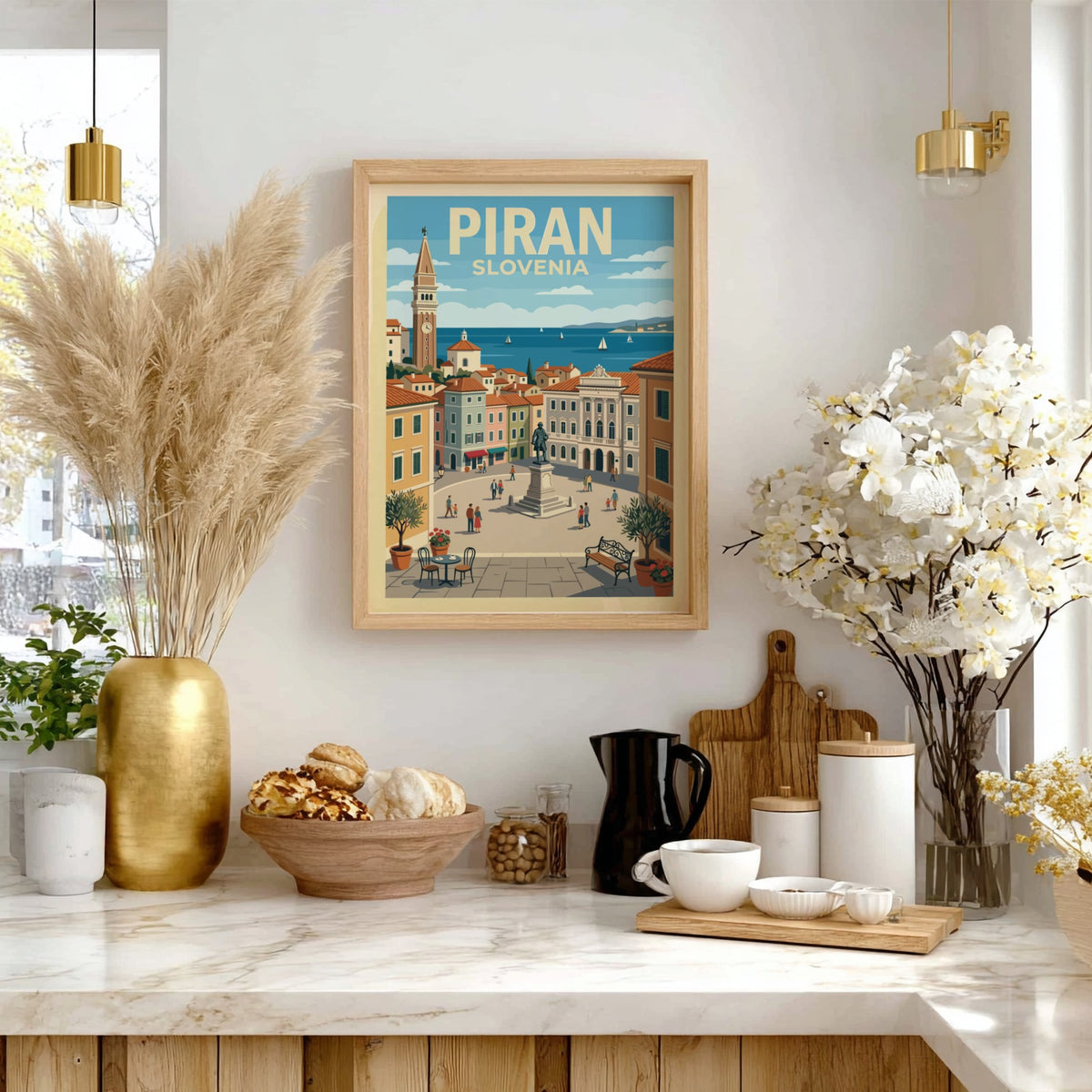 Poster of Piran Slovenia featuring a town square, historic bell tower, and sailboats.