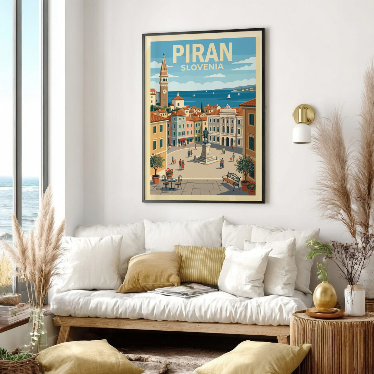 Poster of Piran Slovenia featuring a town square, historic bell tower, and sailboats.