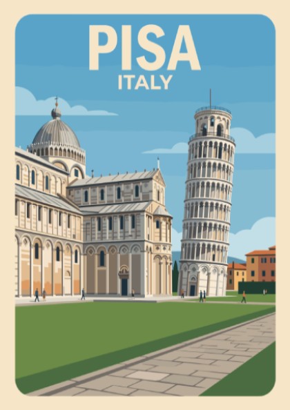 Pisa Italy travel poster featuring the leaning tower and cathedral in vintage style.