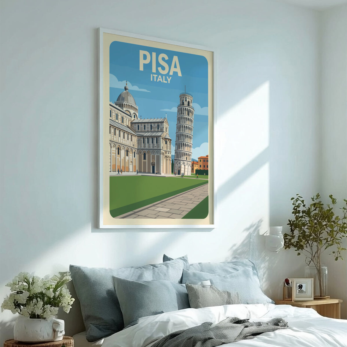 Pisa Italy travel poster featuring the leaning tower and cathedral in vintage style.