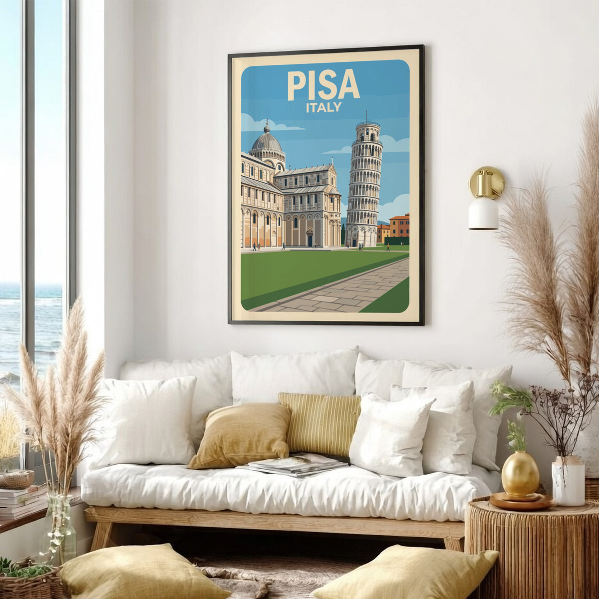 Pisa Italy travel poster featuring the leaning tower and cathedral in vintage style.