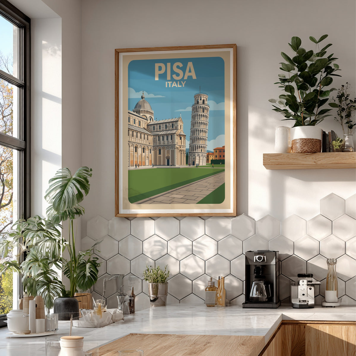 Pisa Italy travel poster featuring the leaning tower and cathedral in vintage style.