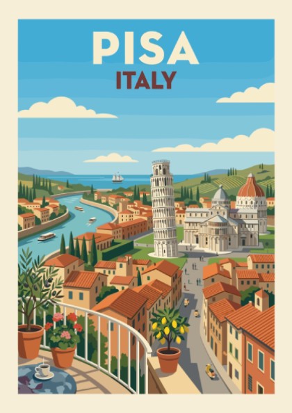 Retro travel poster of Pisa, Italy, featuring the Leaning Tower and cityscape in warm, vibrant colors.