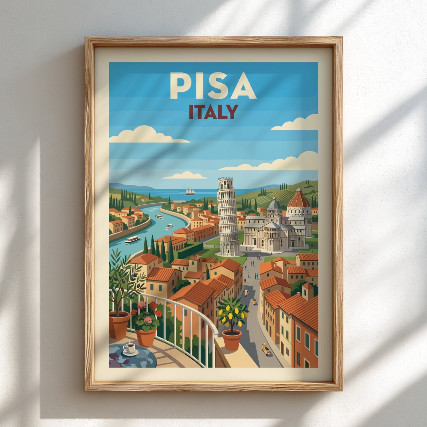 Retro travel poster of Pisa, Italy, featuring the Leaning Tower and cityscape in warm, vibrant colors.