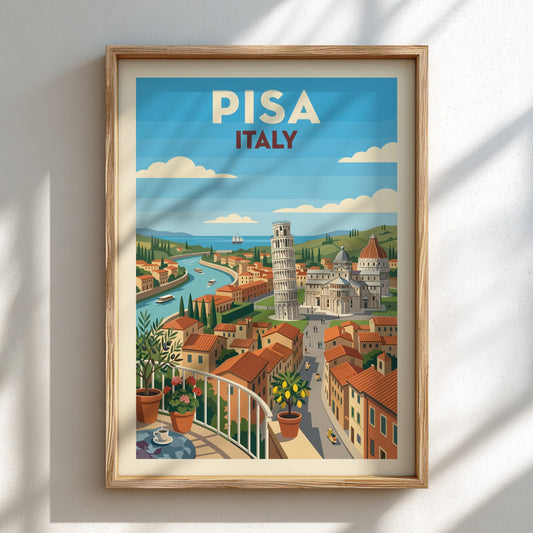 Retro travel poster of Pisa, Italy, featuring the Leaning Tower and cityscape in warm, vibrant colors.