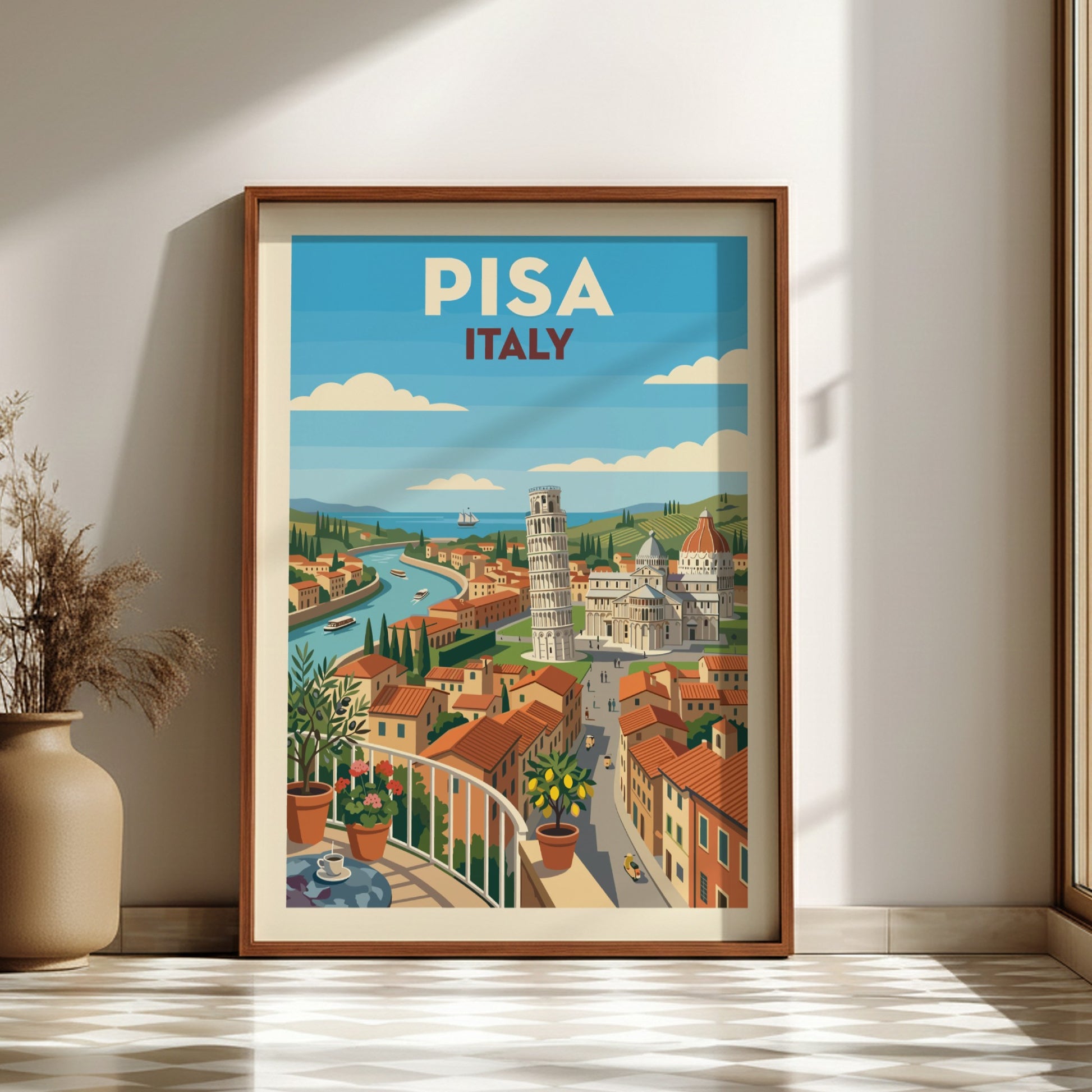 Retro travel poster of Pisa, Italy, featuring the Leaning Tower and cityscape in warm, vibrant colors.