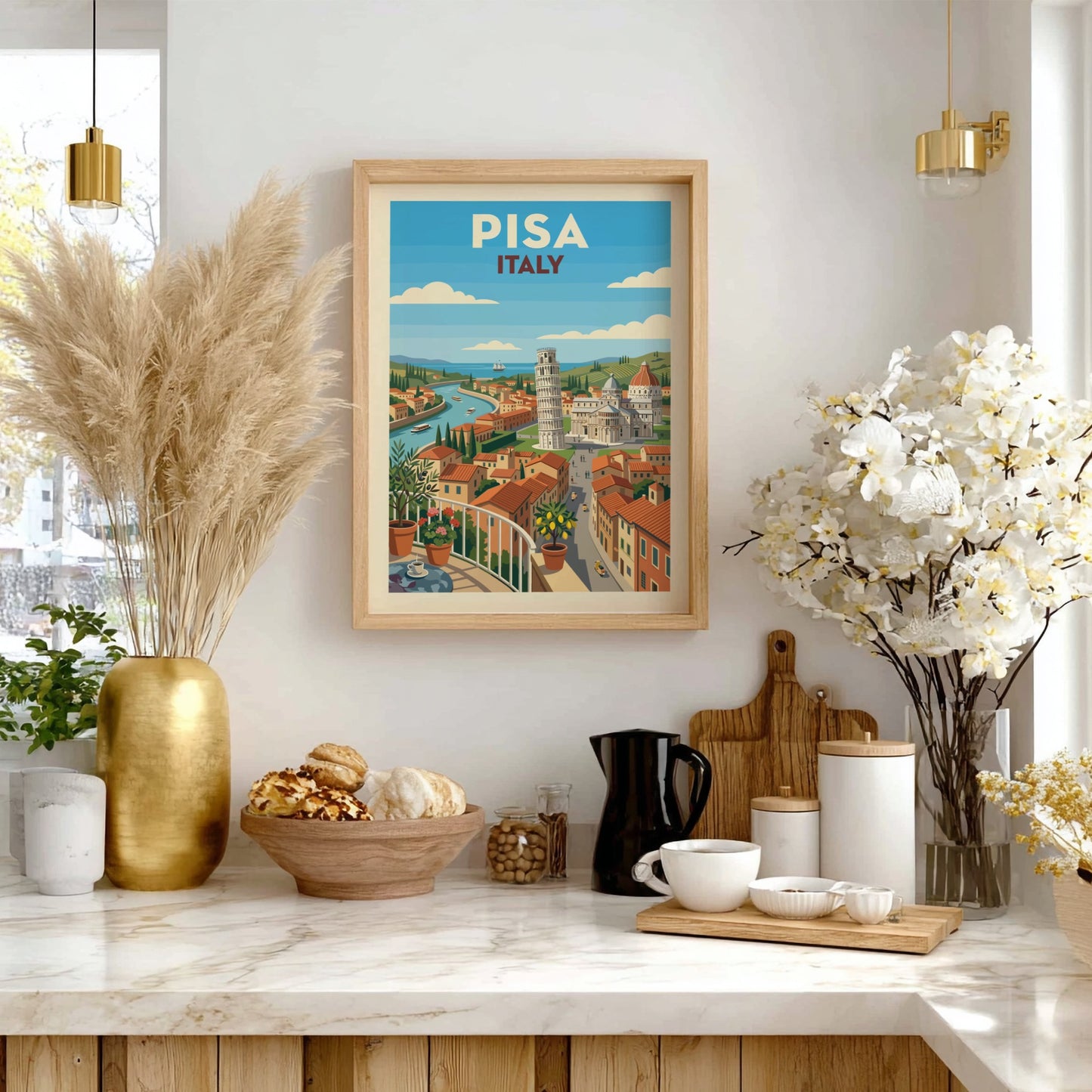 Retro travel poster of Pisa, Italy, featuring the Leaning Tower and cityscape in warm, vibrant colors.