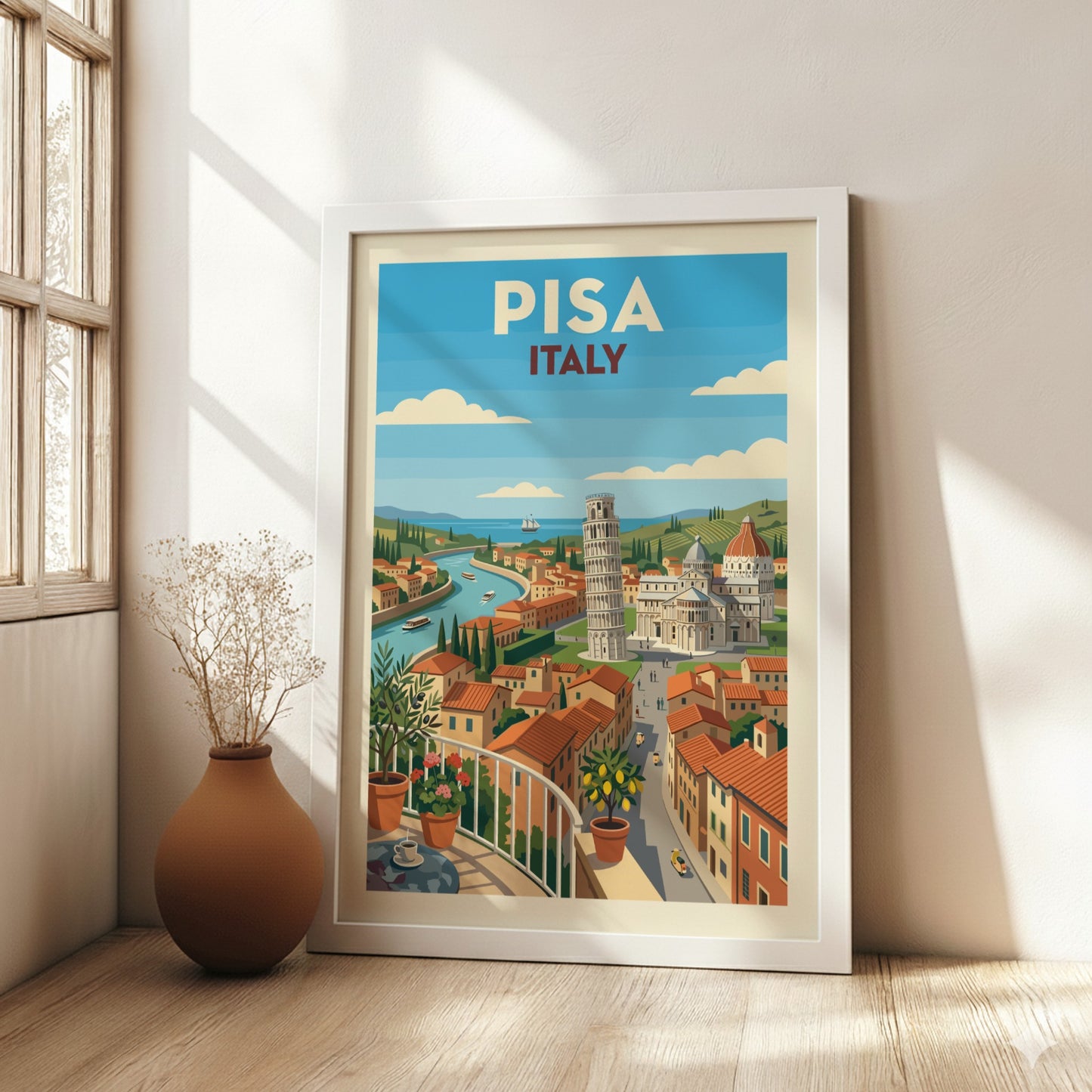 Retro travel poster of Pisa, Italy, featuring the Leaning Tower and cityscape in warm, vibrant colors.