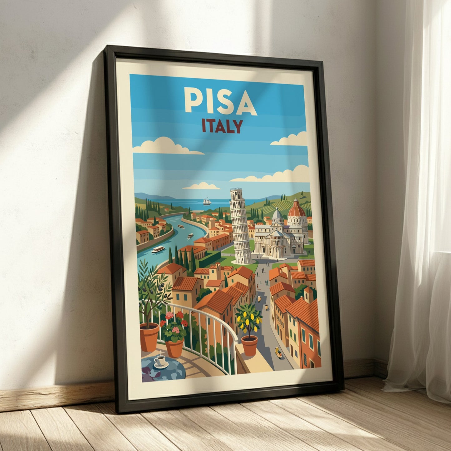 Retro travel poster of Pisa, Italy, featuring the Leaning Tower and cityscape in warm, vibrant colors.