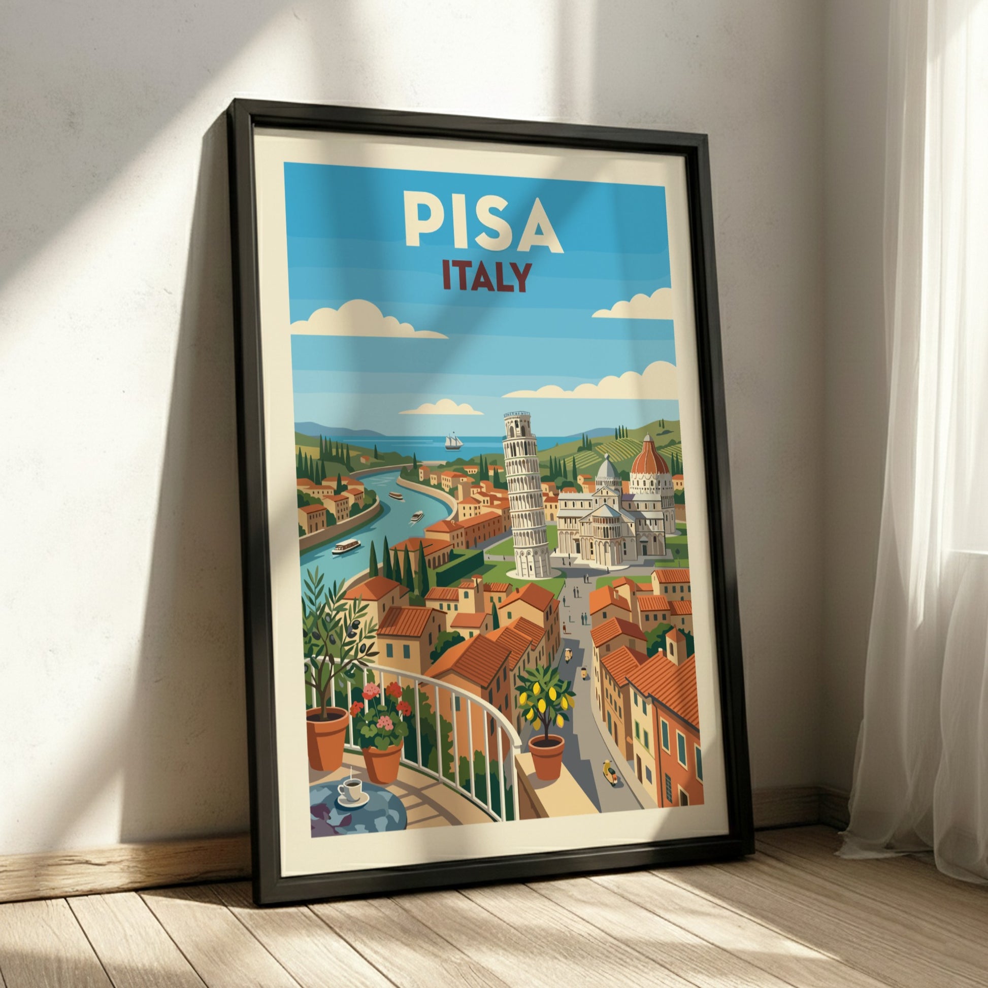 Retro travel poster of Pisa, Italy, featuring the Leaning Tower and cityscape in warm, vibrant colors.
