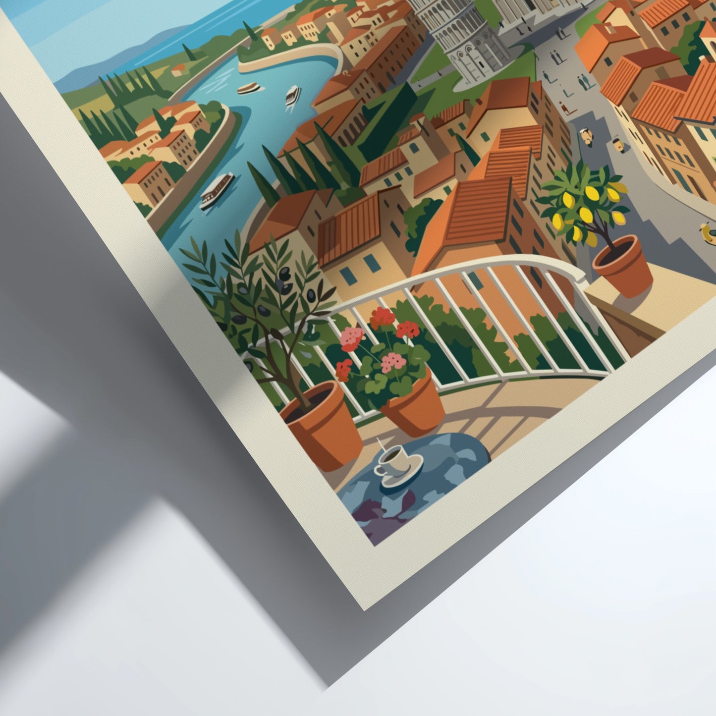 Retro travel poster of Pisa, Italy, featuring the Leaning Tower and cityscape in warm, vibrant colors.