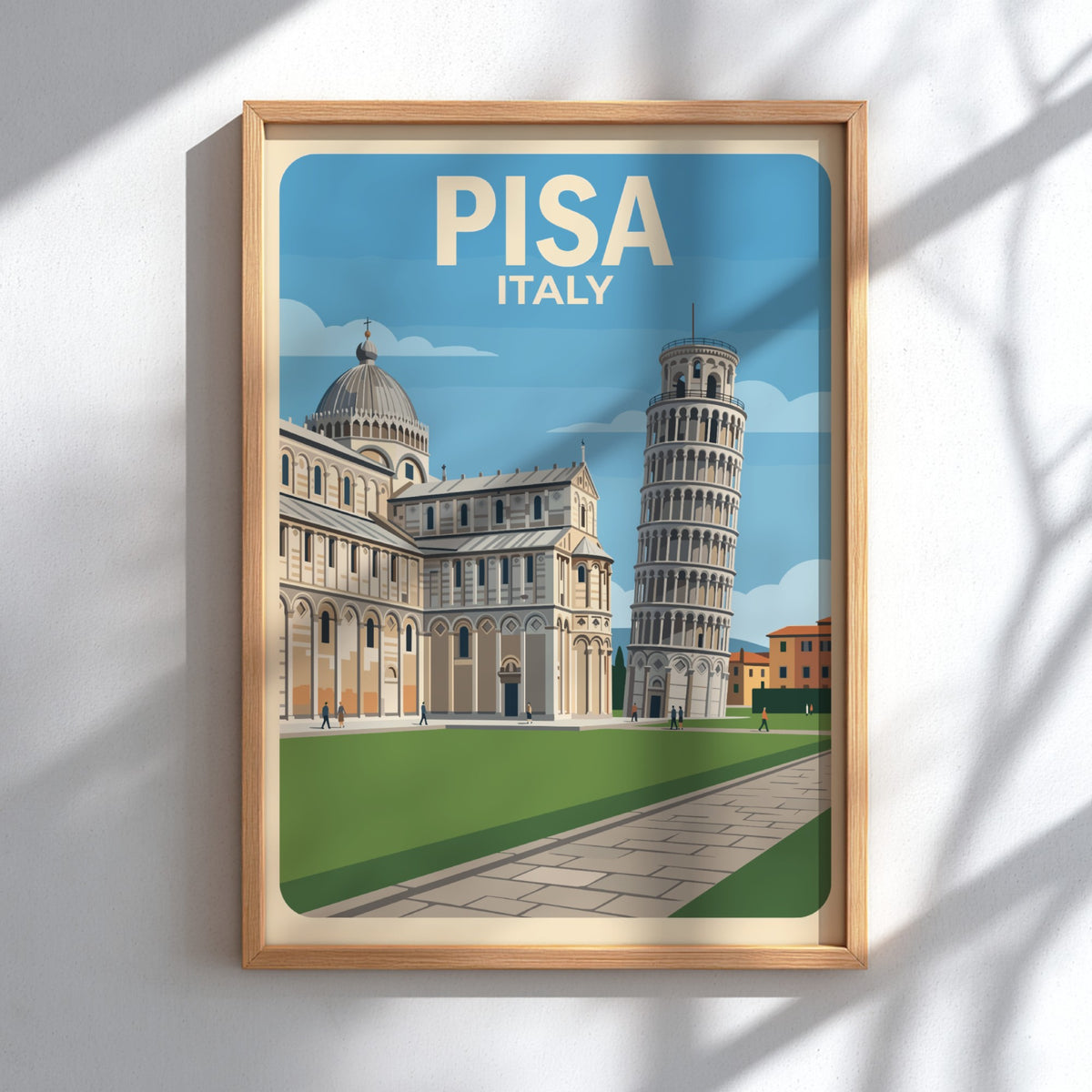 Pisa Italy travel poster featuring the leaning tower and cathedral in vintage style.