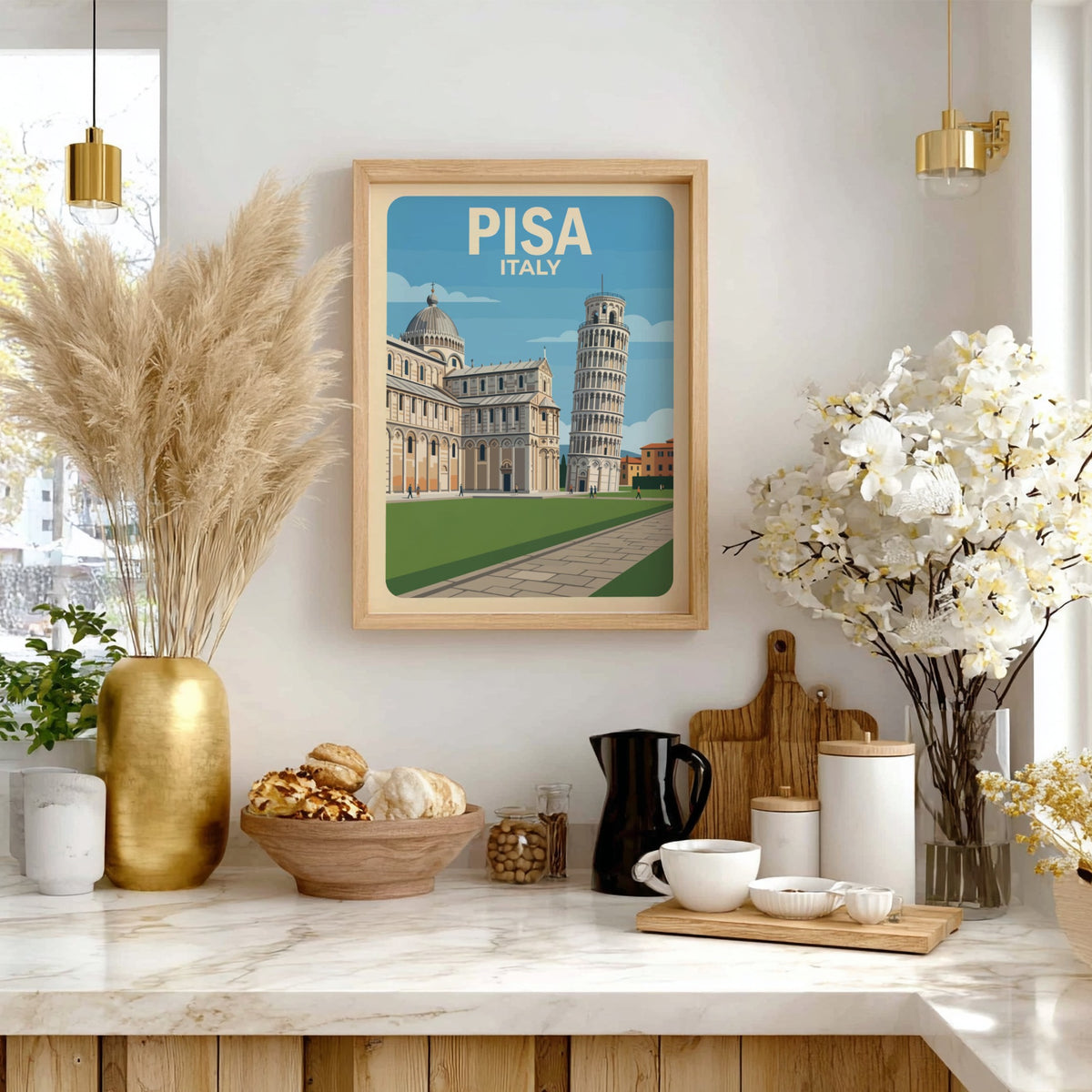 Pisa Italy travel poster featuring the leaning tower and cathedral in vintage style.