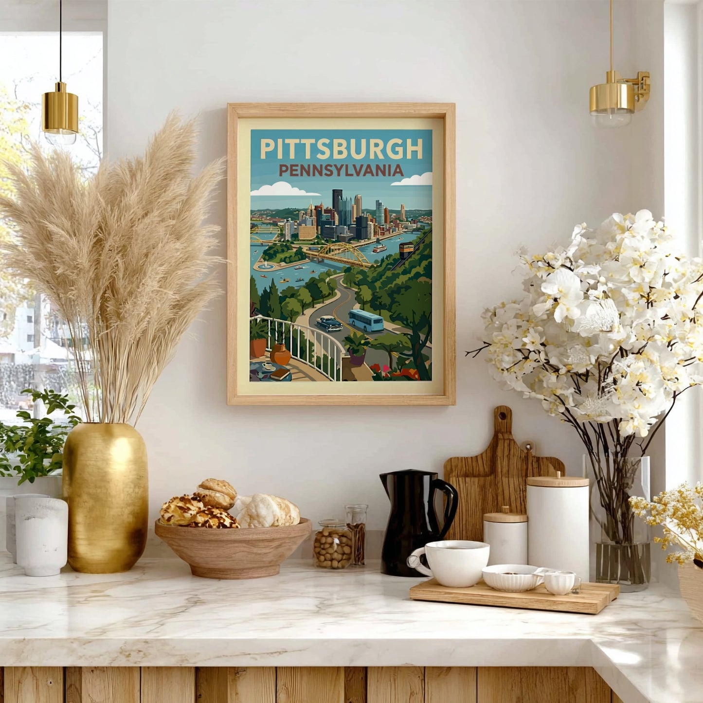 Retro illustration of Pittsburgh, Pennsylvania skyline with bridges and rivers, rendered in a vintage travel