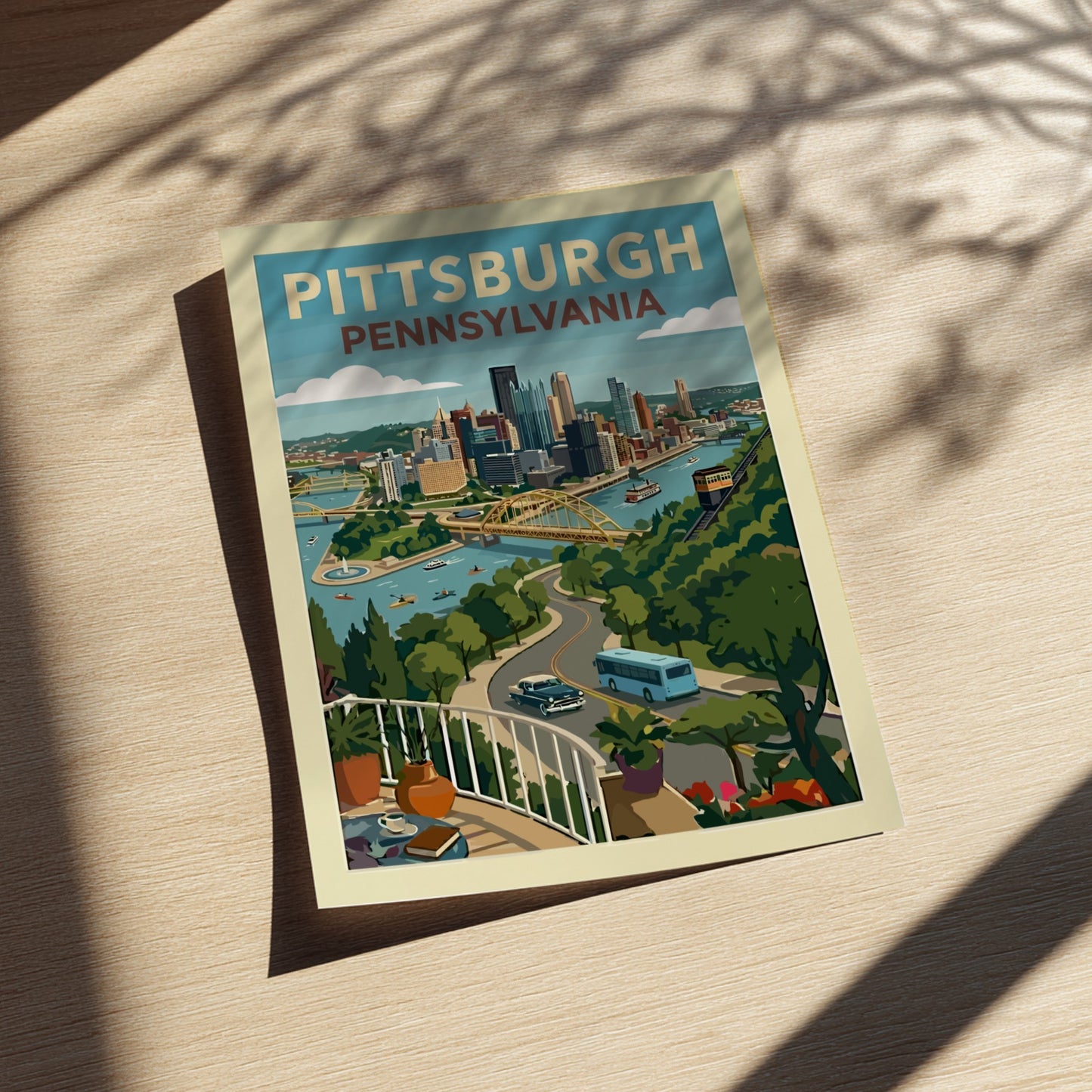 Retro illustration of Pittsburgh, Pennsylvania skyline with bridges and rivers, rendered in a vintage travel