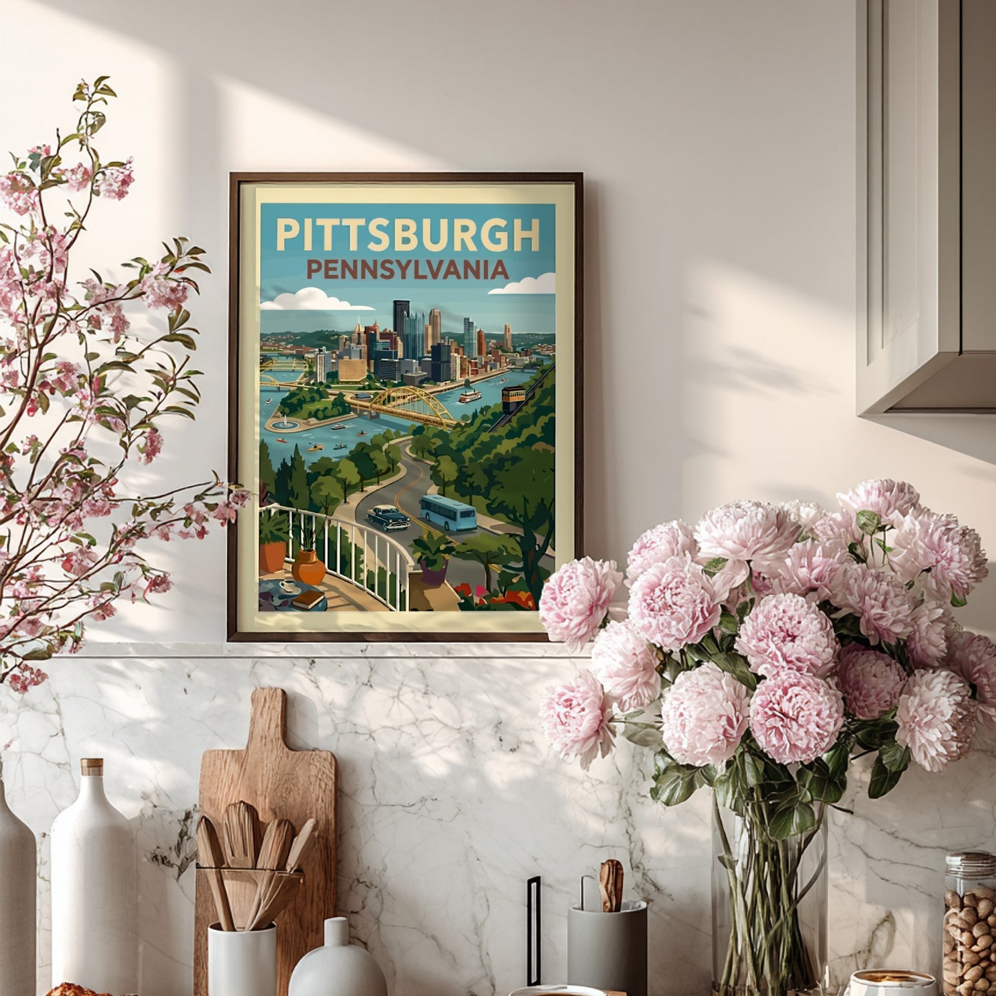 Retro illustration of Pittsburgh, Pennsylvania skyline with bridges and rivers, rendered in a vintage travel