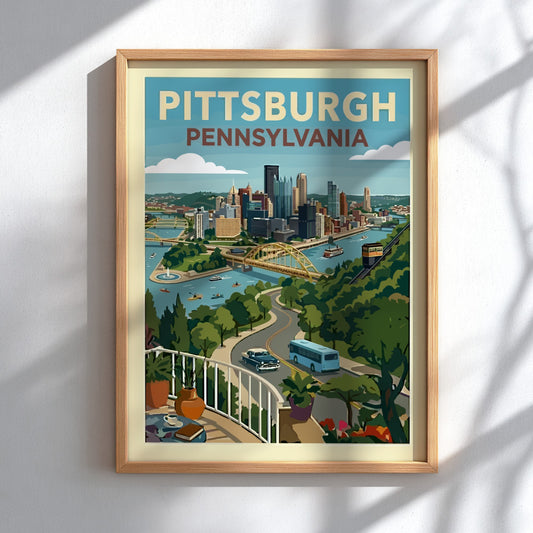 Retro illustration of Pittsburgh, Pennsylvania skyline with bridges and rivers, rendered in a vintage travel