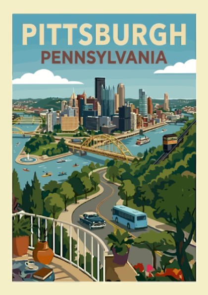 Retro illustration of Pittsburgh, Pennsylvania skyline with bridges and rivers, rendered in a vintage travel