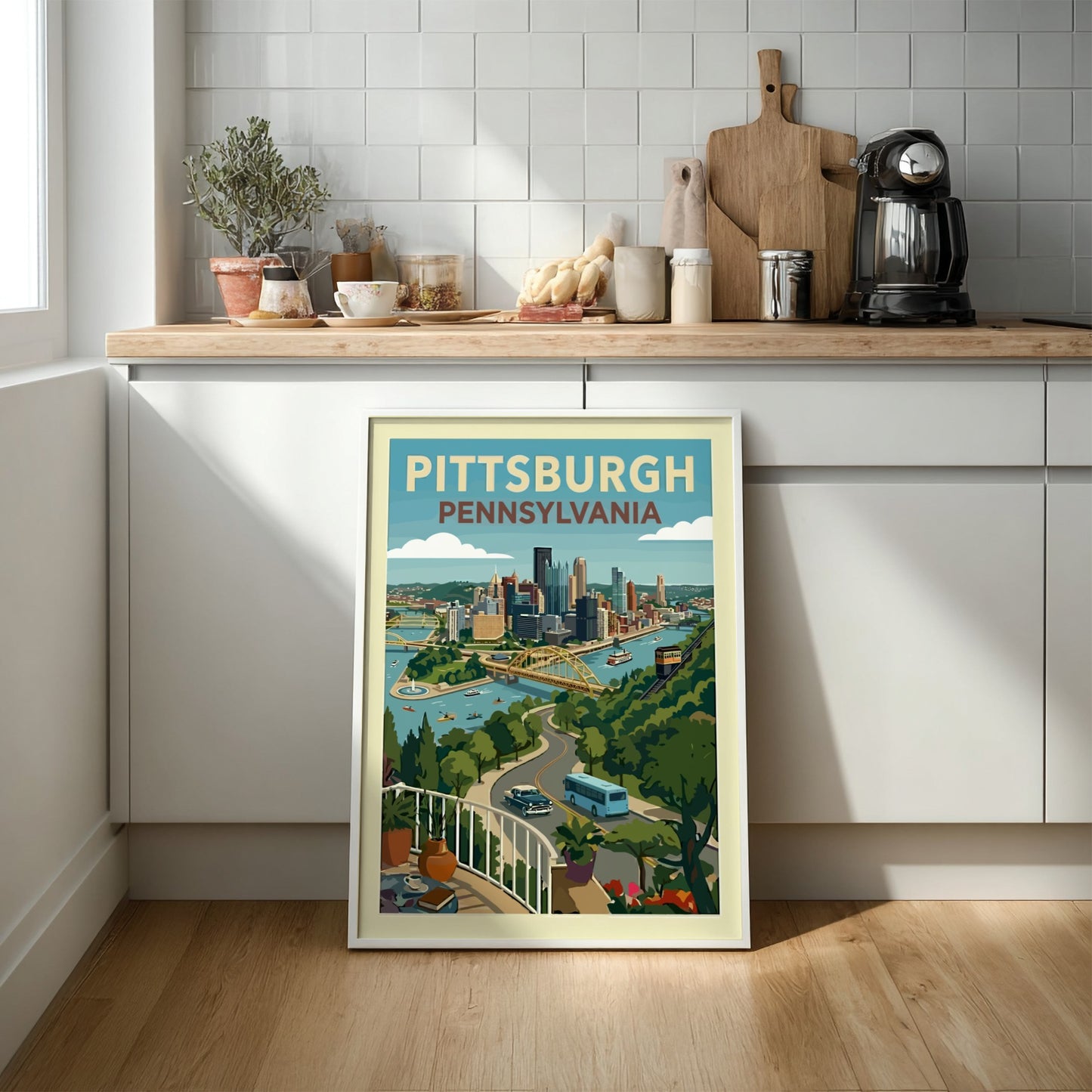 Retro illustration of Pittsburgh, Pennsylvania skyline with bridges and rivers, rendered in a vintage travel
