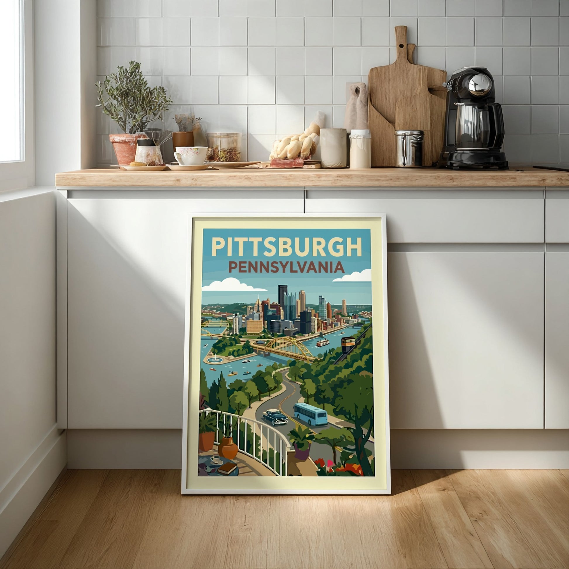 Retro illustration of Pittsburgh, Pennsylvania skyline with bridges and rivers, rendered in a vintage travel