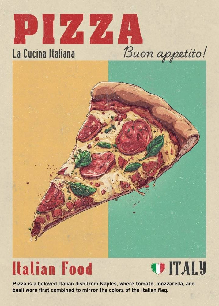Vintage-style poster of a pizza slice with Italian text and colors.