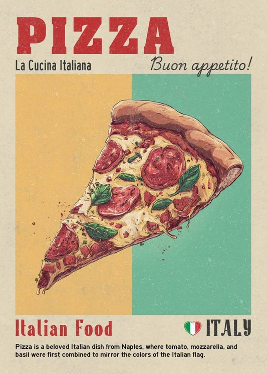 Vintage-style poster of a pizza slice with Italian text and colors.