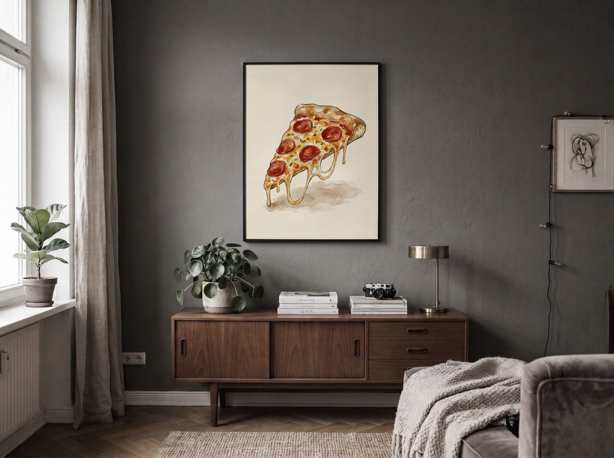 Poster of a melty pepperoni pizza slice rendered in a warm watercolour illustration style.