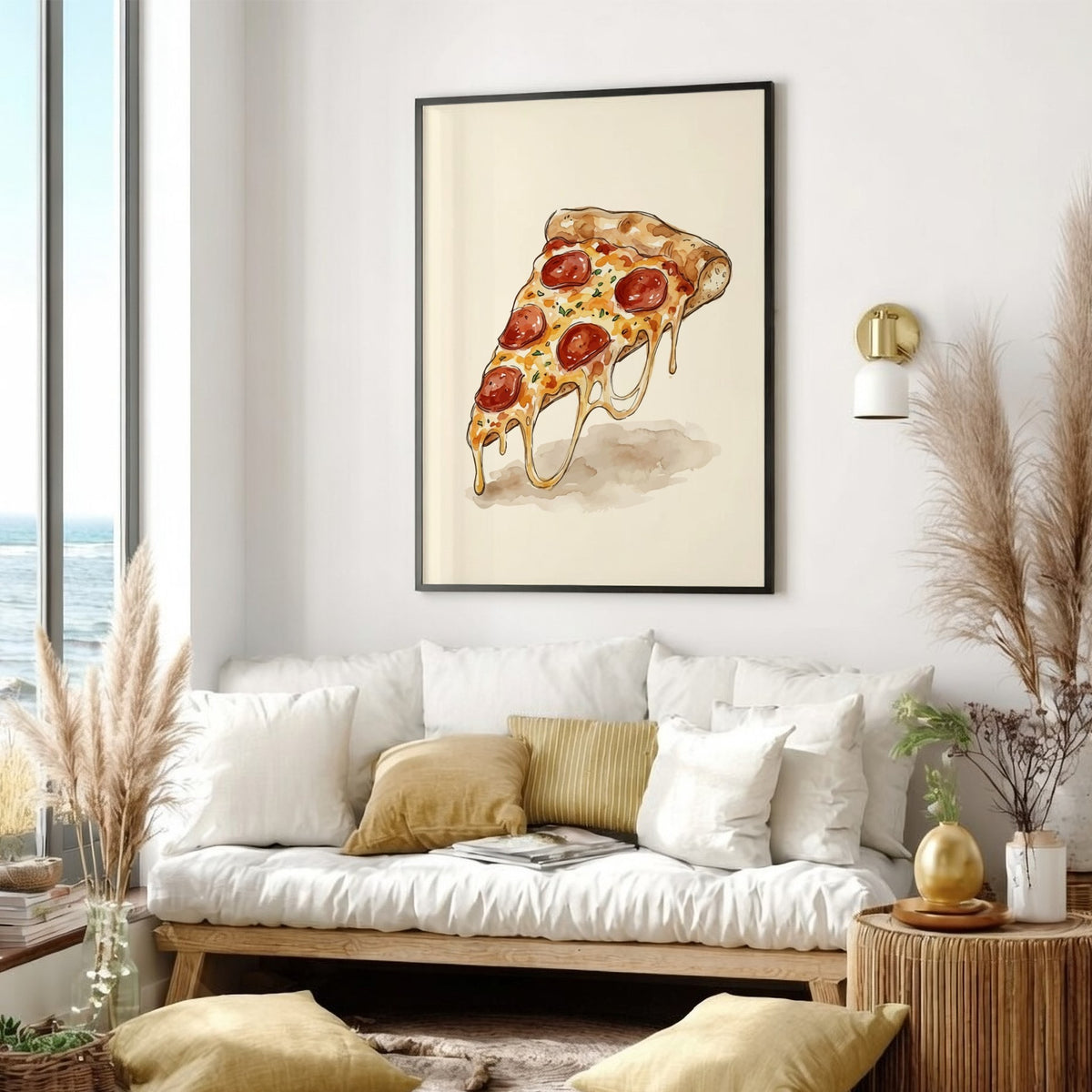 Poster of a melty pepperoni pizza slice rendered in a warm watercolour illustration style.