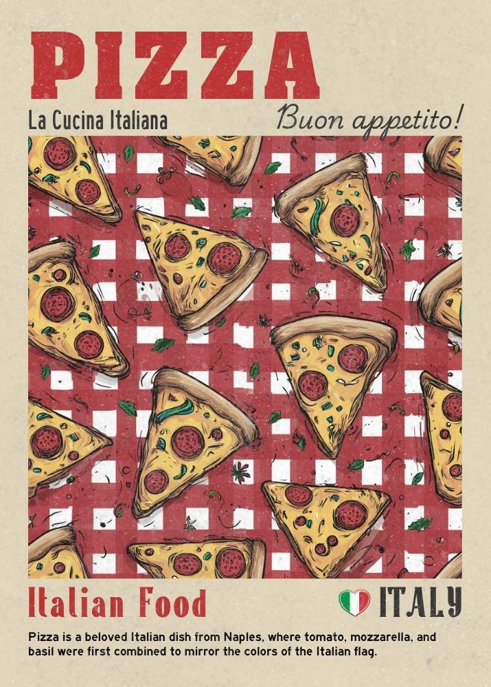 Book cover with pizza slices on a red and white checkered background, featuring the text 'Pizza La Cucina Italiana Buon appetito!'.