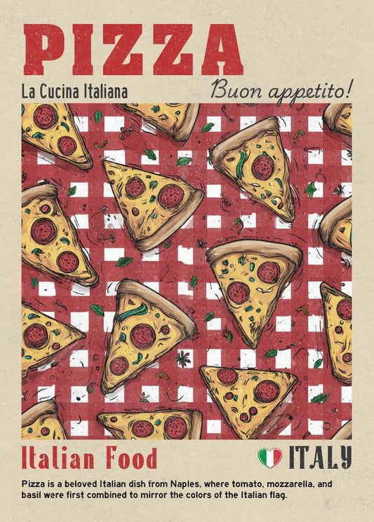Book cover with pizza slices on a red and white checkered background, featuring the text 'Pizza La Cucina Italiana Buon appetito!'.
