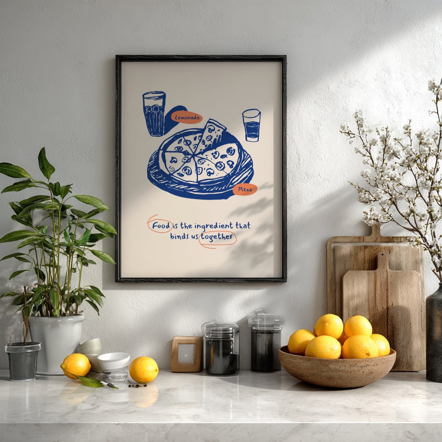 Pizza and Lemonade Poster - Fresh Italian Meal & Refreshing Drink Wall Art Print