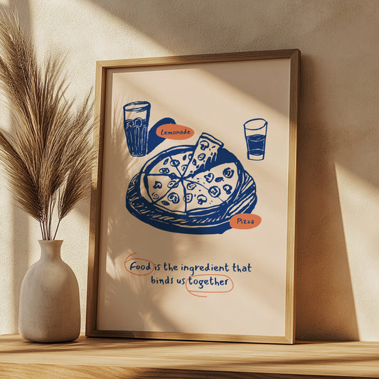 Framed illustration of pizza and drinks with a quote on a wall next to a vase.