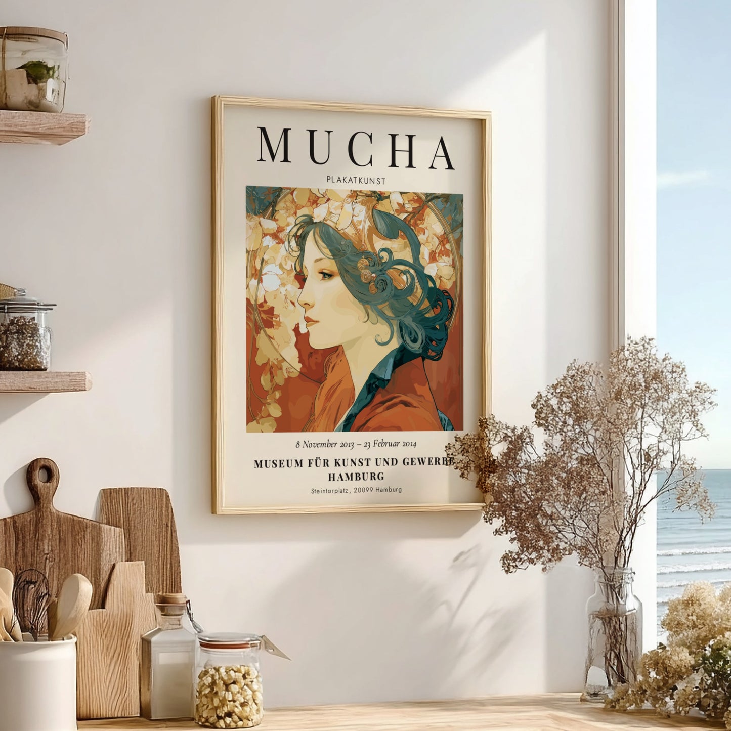Alphonse Mucha poster featuring a woman with floral motifs in soft colors