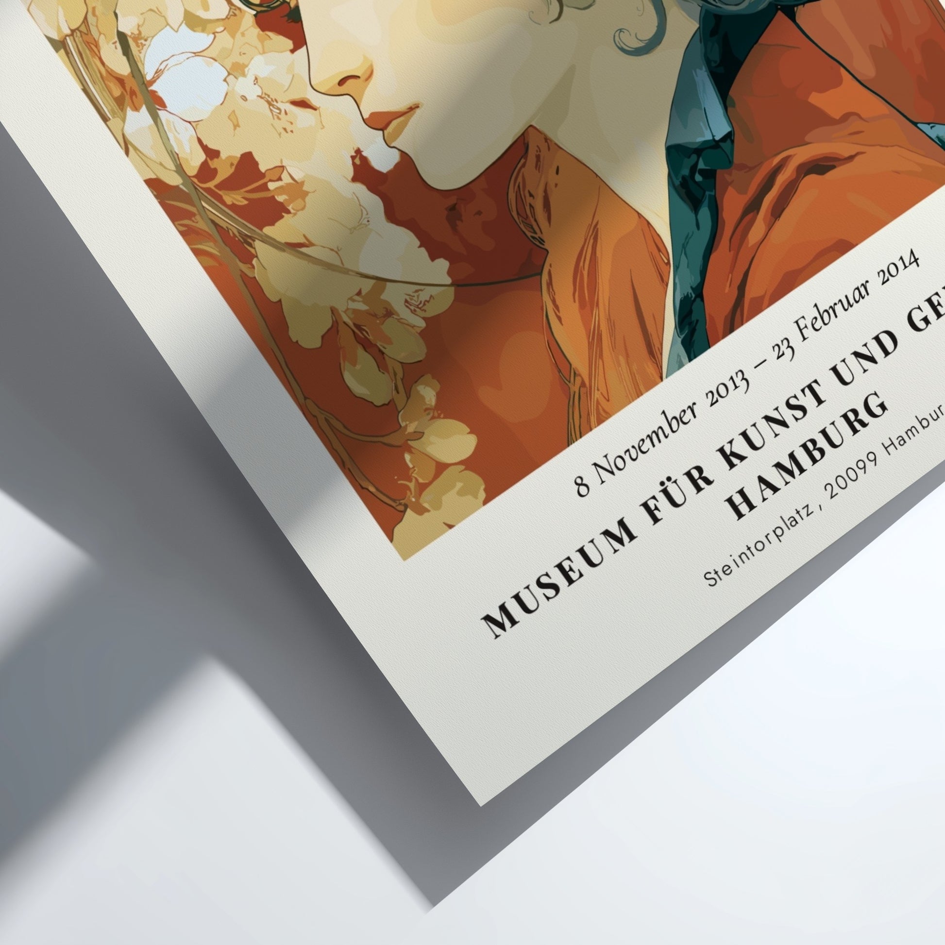 Alphonse Mucha poster featuring a woman with floral motifs in soft colors