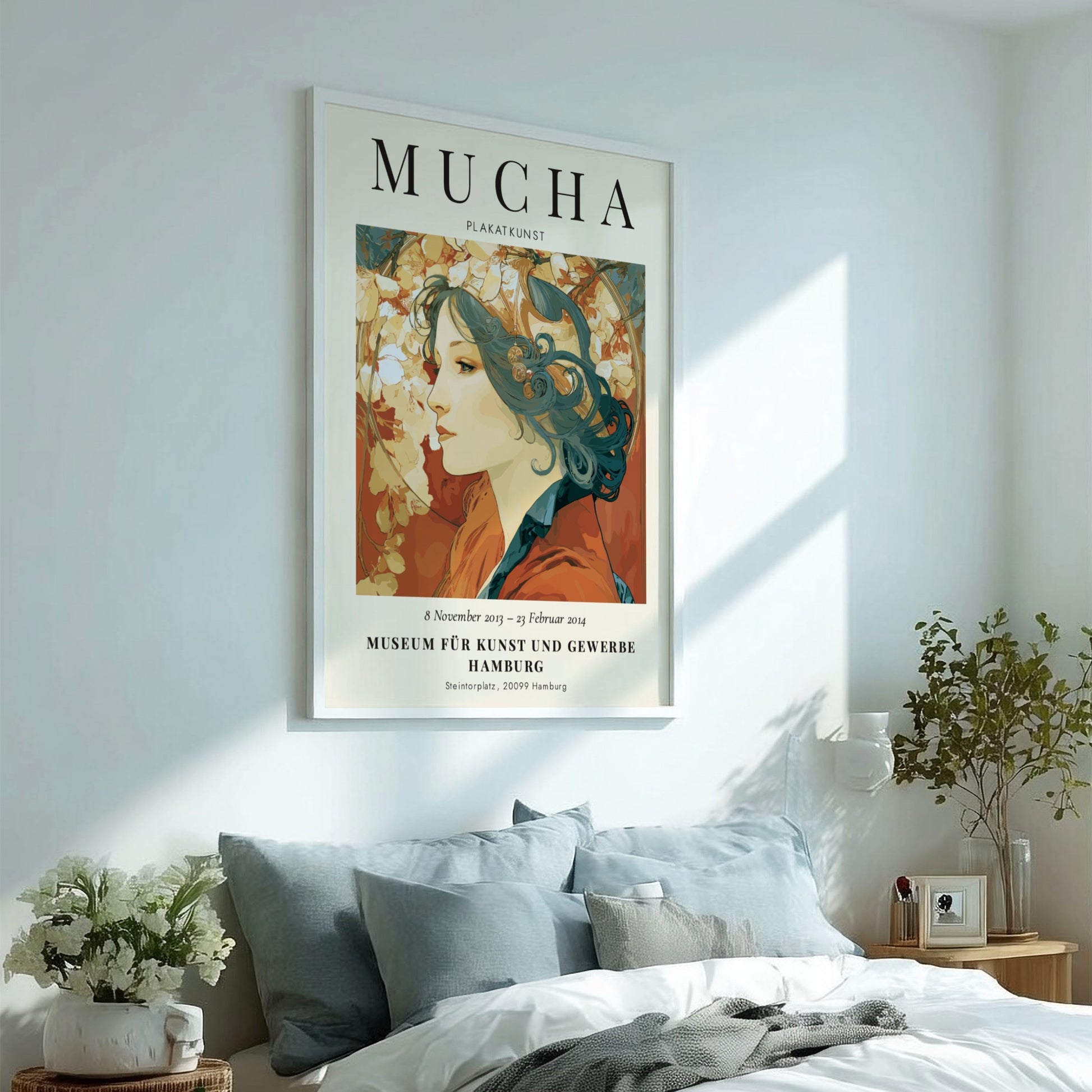 Alphonse Mucha poster featuring a woman with floral motifs in soft colors