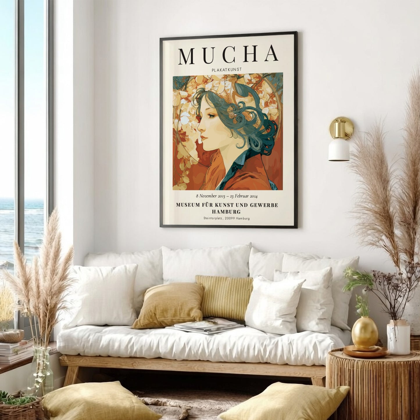Alphonse Mucha poster featuring a woman with floral motifs in soft colors