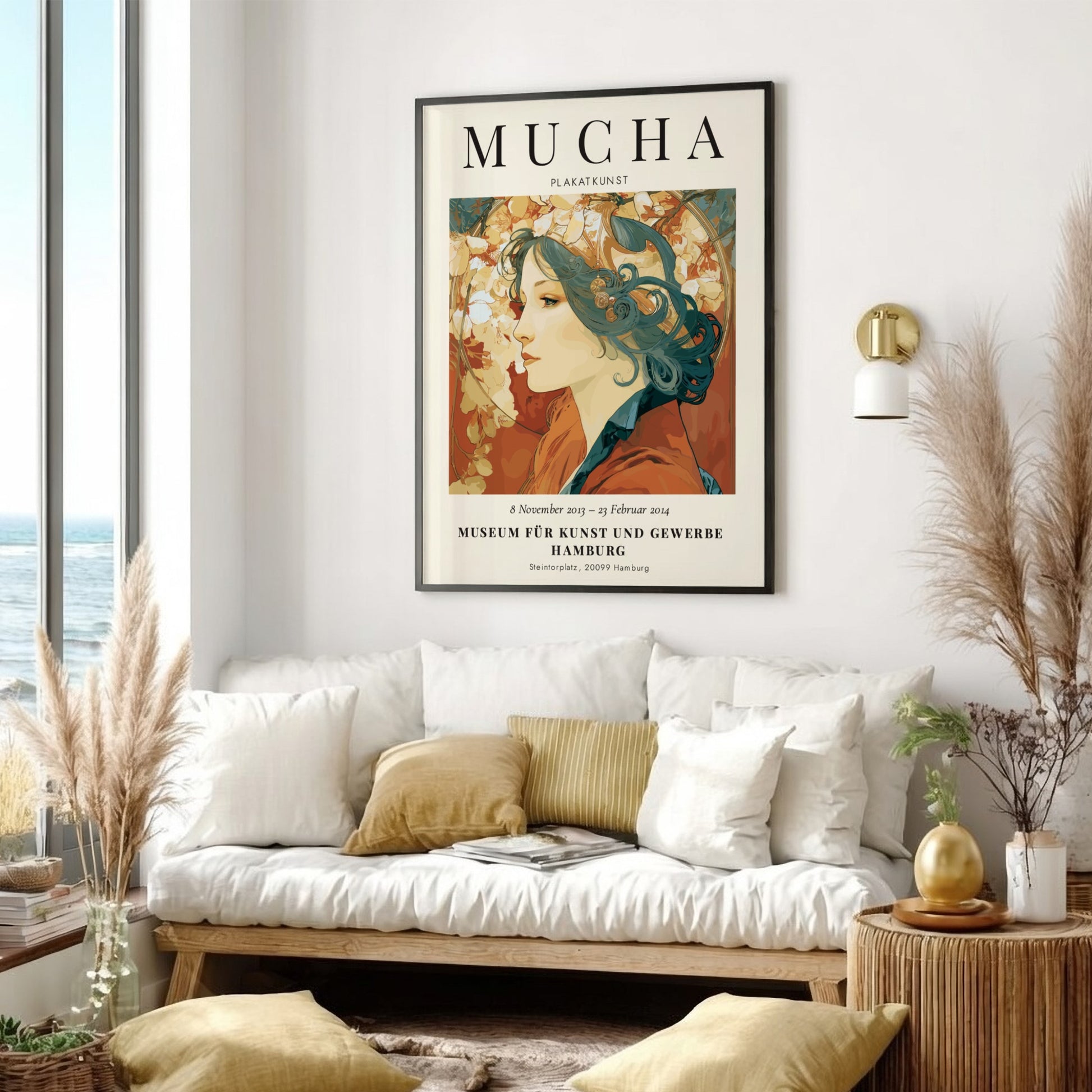 Alphonse Mucha poster featuring a woman with floral motifs in soft colors