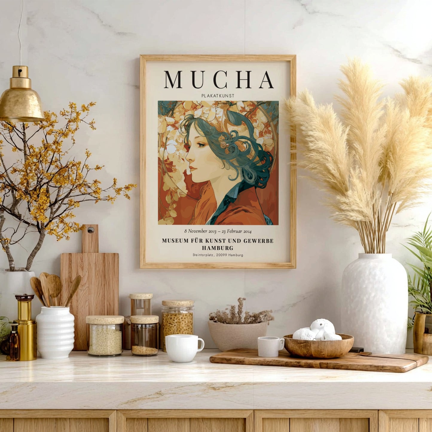 Alphonse Mucha poster featuring a woman with floral motifs in soft colors